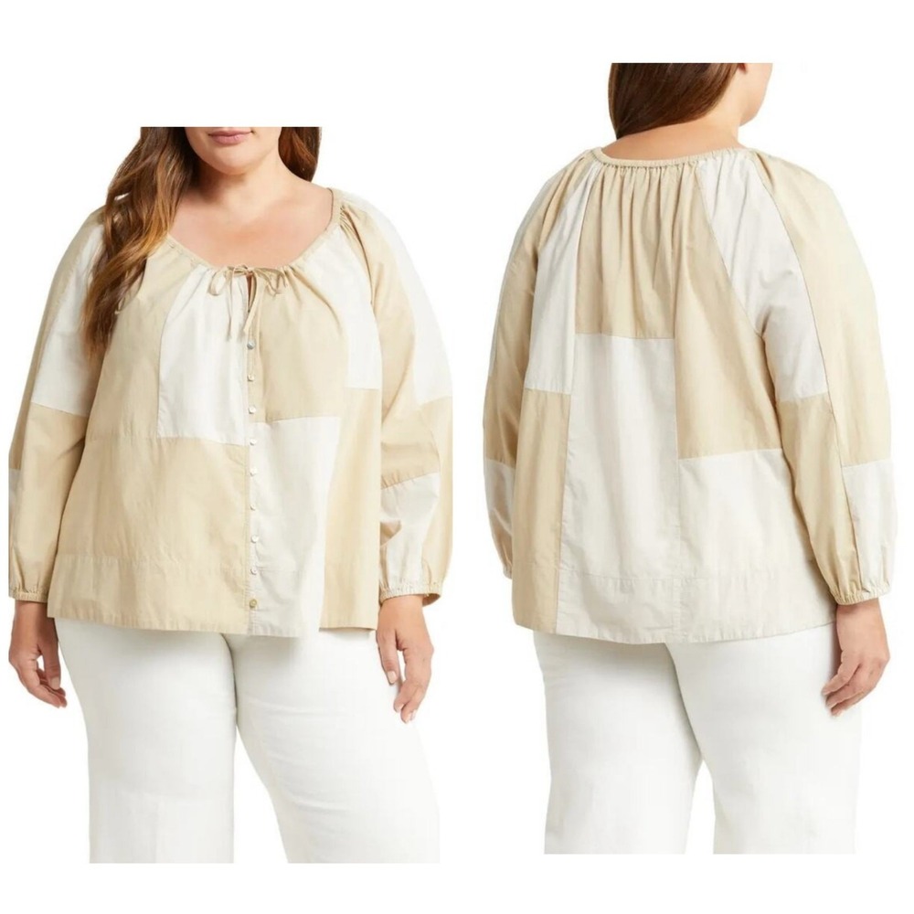 Madewell Womens Patchwork Button-Front Top Tan White Cotton NJ674‎ XXL